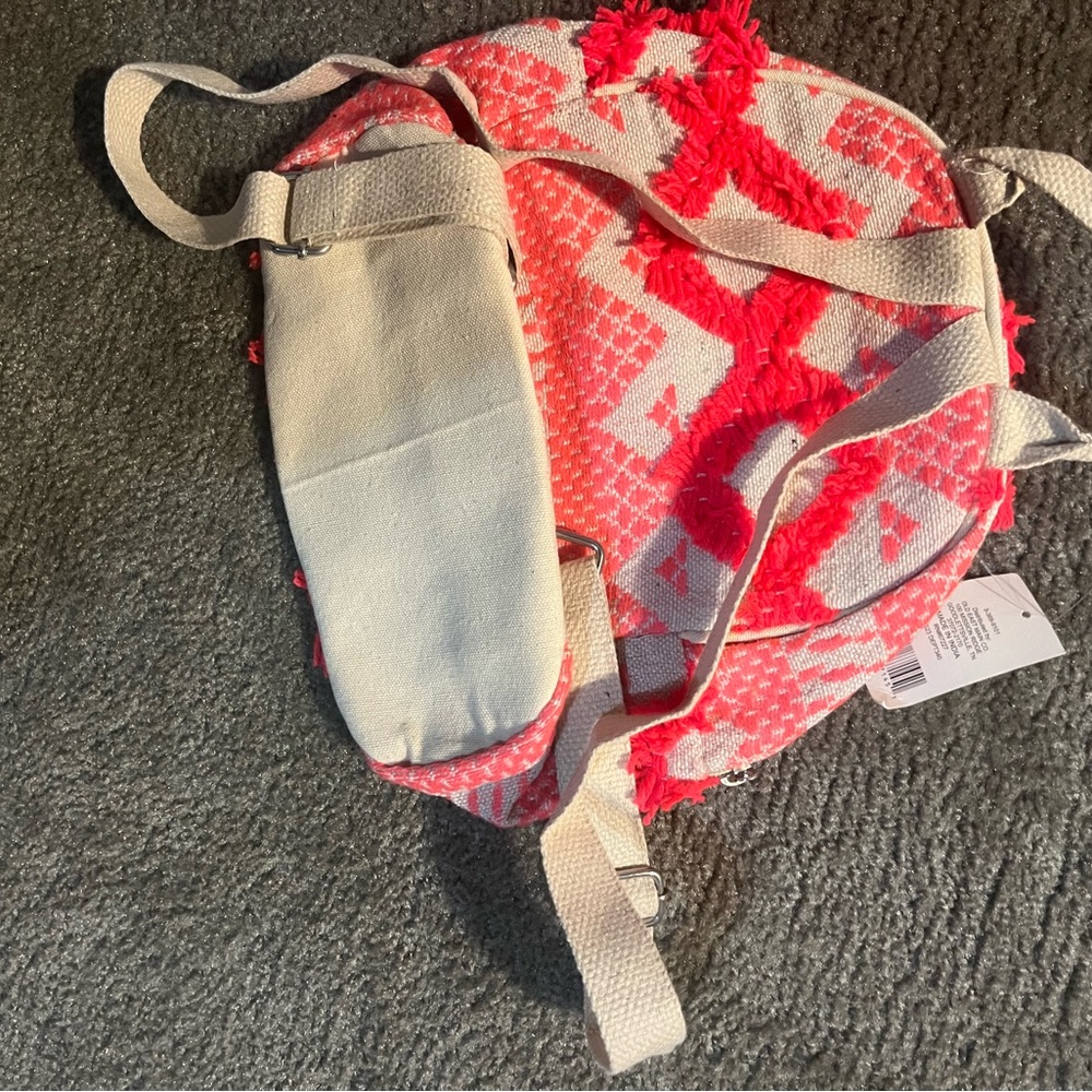 Redish Pink and Beige Patterned Backpack - Picture 3 of 3